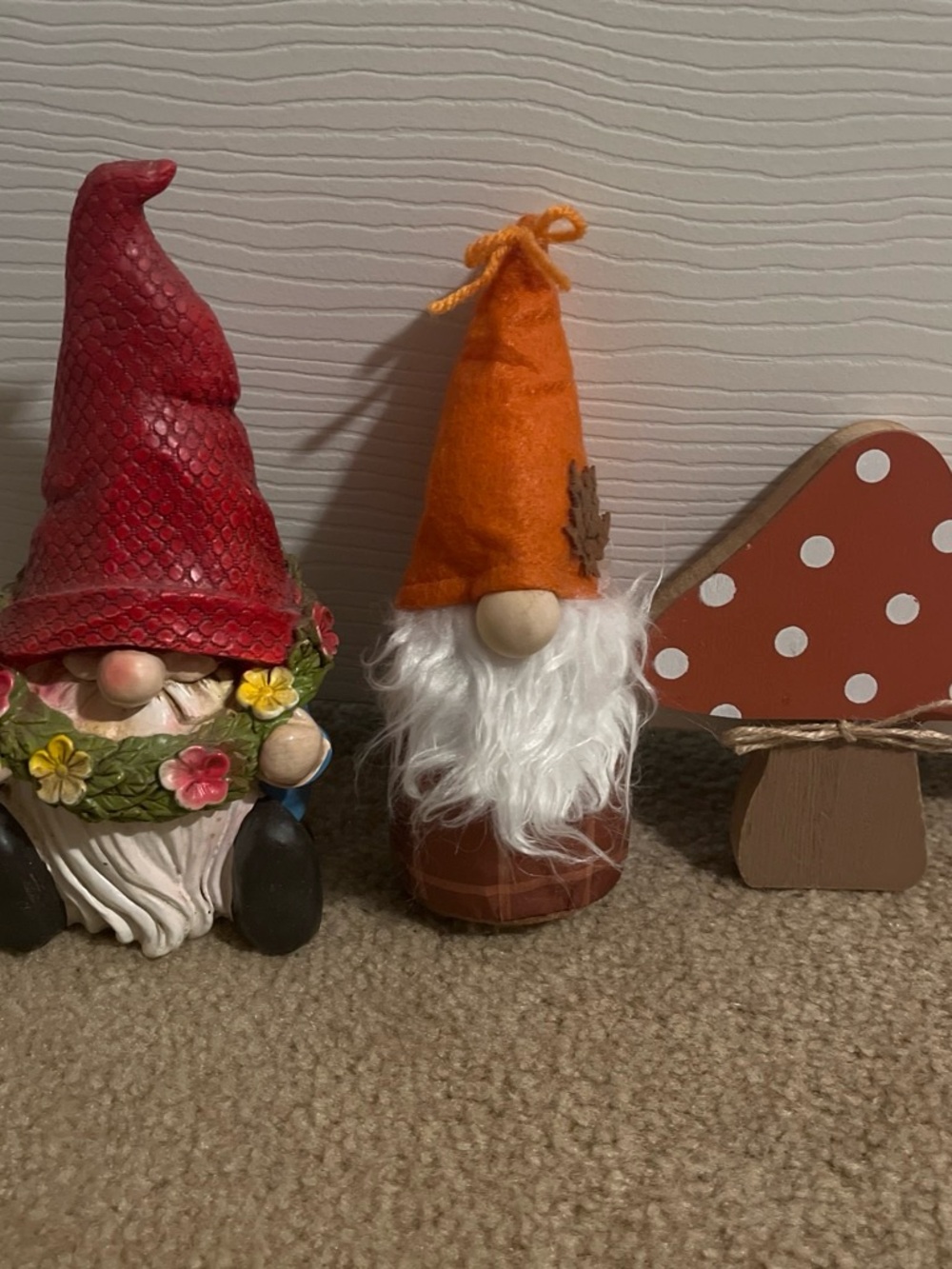 Source Unknown Fall Gnome Pair in Orange and Red, With Mushroom